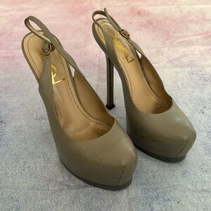 YSL TRIBUTE TRIBTOO grey grain platform pumps heels stilettos round toe shoes